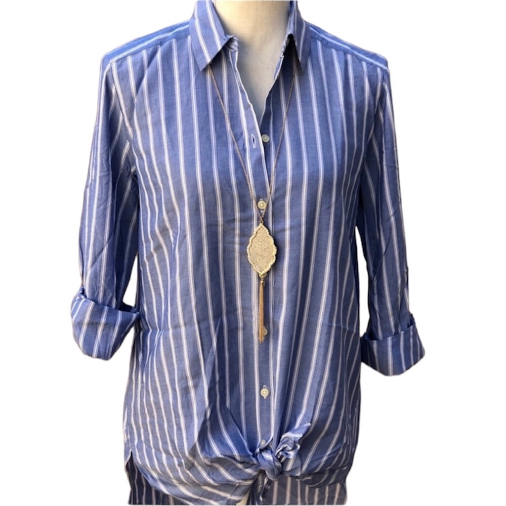 LOFT Button Down Shirt Striped Poplin Dusty Blue NWT Women’s Size XSmall